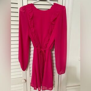 Hot pink dress. Dainty tie. Sheer sleeves.